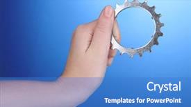  Presentation with blue metallic - Cool new slide deck with mechanical pulleys - man holding metallic cogwheel backdrop and a teal colored foreground