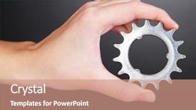  Presentation with metallic - PPT layouts having mechanical pulleys - man holding metallic cogwheel background and a coral colored foreground