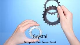  Presentation with metallic blue - Cool new slides with mechanical pulleys - man holding metallic cogwheels backdrop and a  colored foreground