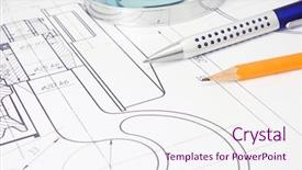  Presentation with drafting - Colorful PPT theme enhanced with mechanical pulleys - pencil pen and magnifier backdrop and a sky blue colored foreground