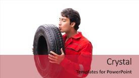  Presentation with tyre - Presentation theme with mechanical safety - young garage worker with tyre background and a crimson colored foreground
