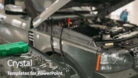  Presentation with battery - PPT layouts with mechanical spring - car with opened hood battery background and a dark gray colored foreground