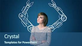  Presentation with robotic - Audience pleasing PPT layouts consisting of mechanical strenght - pretty young woman with robotic backdrop and a  colored foreground