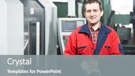  Presentation with cnc machine tool milling - Colorful presentation design enhanced with mechanical technician near cnc milling backdrop and a gray colored foreground
