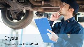  Presentation with garage car - Presentation design with testing car - portrait of a mechanic background and a light blue colored foreground