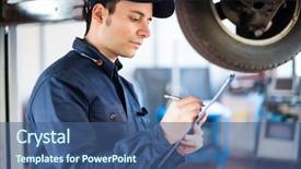  Presentation with mechanic - Beautiful presentation theme featuring portrait of a mechanic backdrop and a ocean colored foreground