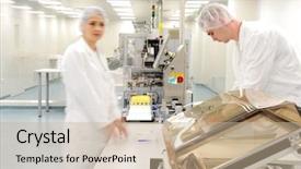  Presentation with factory workers - Audience pleasing presentation theme consisting of mechanical train - workers at modern drug factory backdrop and a soft green colored foreground