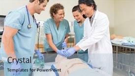  Presentation with medical ventilation - Presentation theme consisting of mechanical ventilation - smiling medical team adjusting endotracheal background and a light blue colored foreground