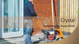  Presentation with compactor - Audience pleasing theme consisting of mechanical vibration - contractor in headphones using backdrop and a coral colored foreground