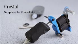  Presentation with black ink - Presentation design with mechanical vibration - machine for tattoo and bottle background and a  colored foreground