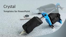  Presentation with black ink - Presentation design with mechanical vibration - machine for tattoo and bottle background and a  colored foreground