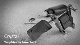  Presentation with black ink - Beautiful PPT layouts featuring mechanical vibration - machine for tattoo and bottle backdrop and a  colored foreground