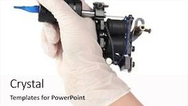  Presentation with tattoo - Slide set enhanced with mechanical vibration - tattoo machine in hand isolated background and a sky blue colored foreground