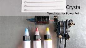  Presentation with tattoo - Theme having mechanical vibration - tattoo machine with colourful ink background and a light gray colored foreground