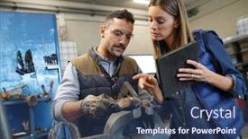  Presentation with mechanical - Beautiful slide deck featuring mechanical-workshop-manager-giving-instructions backdrop and a ocean colored foreground