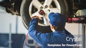  Presentation with repair shop - Theme consisting of mechanician-changing-car-wheel background and a ocean colored foreground