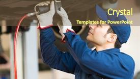  Presentation with repair shop - Beautiful PPT theme featuring mechanician changing car wheel backdrop and a tawny brown colored foreground