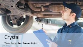  Presentation with mechanic - Slide set featuring body mechanics - portrait of a mechanic background and a light blue colored foreground