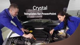  Presentation with garage car - Slide deck having mechanics looking at a car background and a  colored foreground