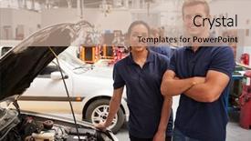  Presentation with mechanics - PPT theme having mechanics looking to camera beside background and a coral colored foreground