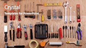  Presentation with set of construction tools tool - Colorful slide set enhanced with mechanics material - set of tools on plywood backdrop and a coral colored foreground