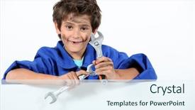  Presentation with mechanic tools - Colorful PPT layouts enhanced with mechanics structure - little boy with mechanic clothing backdrop and a  colored foreground