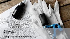  Presentation with tattoo - Cool new PPT theme with mechanism pain - tattoo machine sketch and tattoo backdrop and a  colored foreground