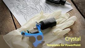  Presentation with old wooden table food - Slide deck consisting of mechanism pain - tattoo machine sketch and tattoo background and a violet colored foreground