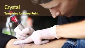  Presentation with tattoo - PPT layouts consisting of mechanism pain - tattooist makes tattoo close up background and a tawny brown colored foreground
