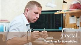  Presentation with mechanical engineering machine tools - Theme with mechanism scheme - mechanical technician worker at metal background and a coral colored foreground