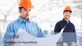  Presentation with engineering desk of civil engineer - PPT theme having mechanism scheme - portrait of an engineer reading background and a light blue colored foreground