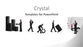  Presentation with tires - Colorful slide set enhanced with mechnaics-in-uniforms-putting-tires backdrop and a white colored foreground