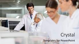  Presentation with lab - Audience pleasing slide deck consisting of med - male technicians discussing in lab backdrop and a sky blue colored foreground