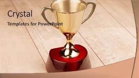  Presentation with medal - Presentation theme with medal winner - golden trophy on wood background background and a coral colored foreground