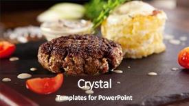  Presentation with beef meat soup stew - Presentation theme having medallion - beef steak with mashed potato background and a  colored foreground