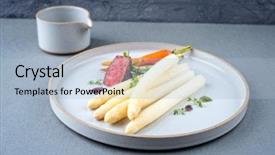  Presentation with white plate - Presentation featuring medallion - modern barbecue dry aged sliced background and a light blue colored foreground