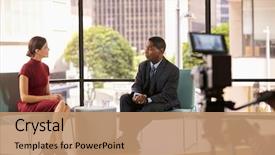  Presentation with black woman - Beautiful PPT theme featuring media - black man and white woman backdrop and a coral colored foreground