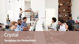  Presentation with busy - Cool new PPT theme with media - business colleagues working backdrop and a coral colored foreground