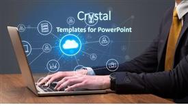  Presentation with cloud technology - PPT theme with media - businessman hand typing with cloud background and a ocean colored foreground