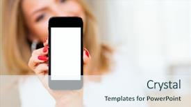  Presentation with smartphone - Cool new slide set with media advertising - woman holding smartphone with blank backdrop and a sky blue colored foreground