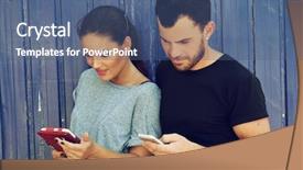  Presentation with internet addiction - PPT layouts enhanced with media affect - young couple taking using smartphones background and a ocean colored foreground