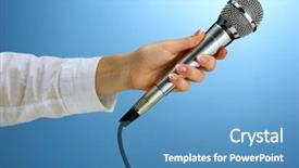  Presentation with microphone - Presentation theme featuring media broadcast - female hand with microphone background and a teal colored foreground