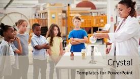  Presentation with lab - Beautiful slides featuring media education - kids watching lab technician carry backdrop and a mint green colored foreground