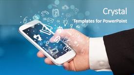 Presentation with smartphone - Amazing PPT theme having media icons and symbol collection backdrop and a teal colored foreground