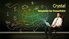  Presentation with laptop - Beautiful presentation design featuring media icons concept on background backdrop and a  colored foreground