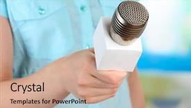  Presentation with microphone and synthesizer on concert - Cool new PPT layouts with women media - female with microphone on room backdrop and a coral colored foreground