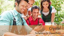  Presentation with beer garden - Beautiful presentation design featuring media literate - happy friends in beer garden backdrop and a coral colored foreground