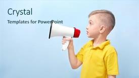  Presentation with news - Beautiful slide set featuring media news children - cute little boy with megaphone backdrop and a sky blue colored foreground