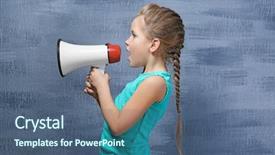  Presentation with purple water color - Presentation design having media news children - cute little girl with megaphone background and a ocean colored foreground