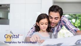  Presentation with reading table - Presentation design featuring media news children - father and daughter reading newspaper background and a sky blue colored foreground